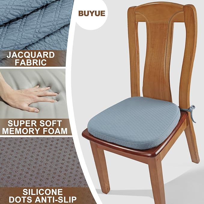 BUYUE Luxury 100% Pure Memory Foam Chair Cushion 1 Pack, Jacquard 16" U-Shape Comfortable Dining Chair Pad, Removable Slip Resistant Kitchen Chair Seat Cushion, (1 Piece, Sky Blue)