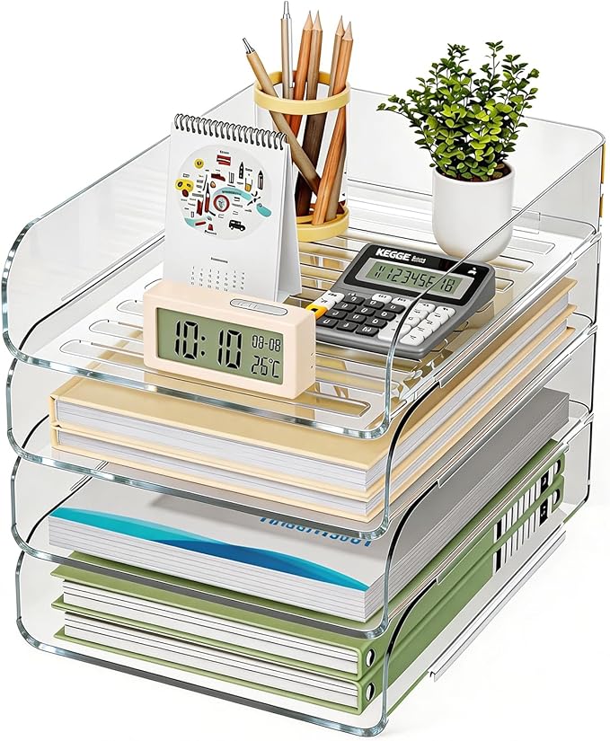 HIYOHIYO 4-Tier Clear A4 Paper Organizer for Office Desk, Stackable Desktop Letter Papers Tray, Acrylic Desk Paper Holder, Large Capacity File Folder Organizer, Vertical Style
