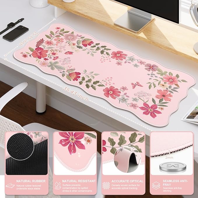 iCasso Desk Mat, Scalloped Desk Matt for Desktop, Cute XXL Large Mouse Pad for Desk, Anti-Slip Big Mousepad with Stitched Edges, Keyboard Pad Mouse Mat for Computer(Pink)