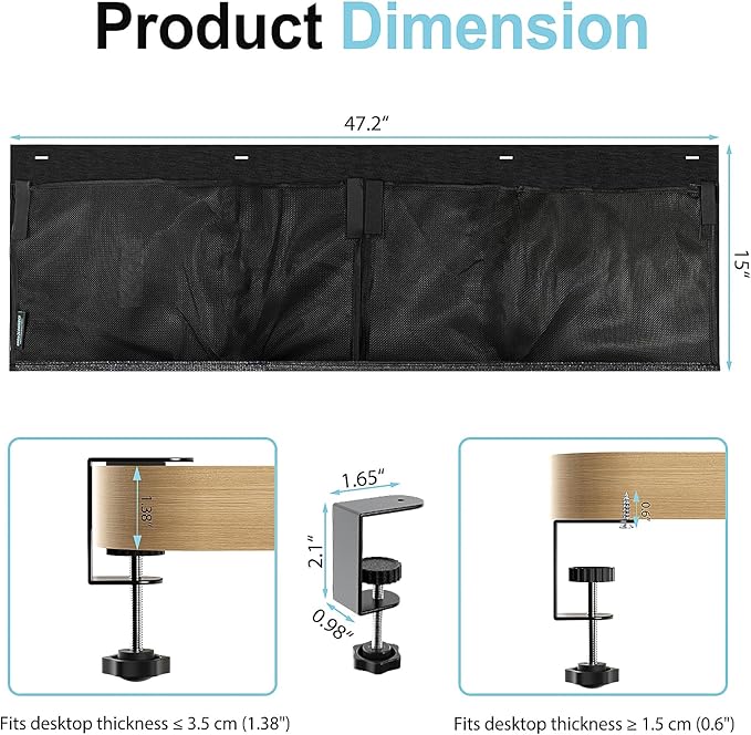 No Drill Under Desk Cable Management and Privacy Panel 2 in 1 | Modesty Panel with Cord Organizer |Felt Standing Desk Back Skirt for Office,Home(47.2")