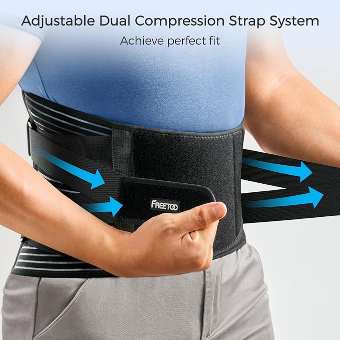 FREETOO Back Braces for Lower Back Pain Relief with 6 Stays, Breathable Back Support Belt for Men/Women for work, Anti-skid lumbar support belt with 16-hole Mesh for sciatica(Waist Size:45.3''-55'')