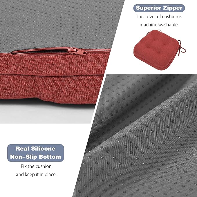 baibu Dining Chair Cushions, Set of 6 Dual-Layer Patent Design Memory Foam Kitchen Chair Cushions, Non-Slip Seat Pads with Ties, 16.5 x 16.5 x 3.5in, 6 Pack, Red