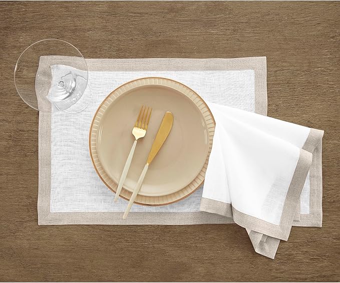 Solino Home Linen Placemats Set of 4 - Natural and White Placemats 14 x 19 Inch - 100% Pure Linen Table Place Mats for Spring, Summer - Classic, Handcrafted and Machine Washable