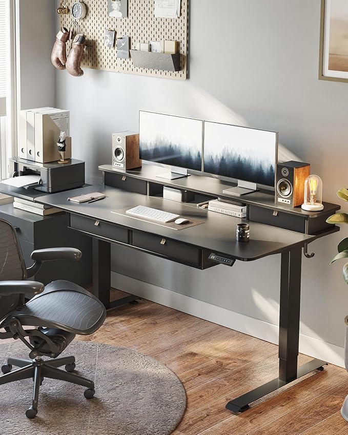 FEZIBO 60 x 30 inch Standing Desk with Drawers, Height Adjustable Electric Workstation, Computer Sit Stand Up Table with Large Storage Shelf 4 Drawers and 2 Hooks, Black