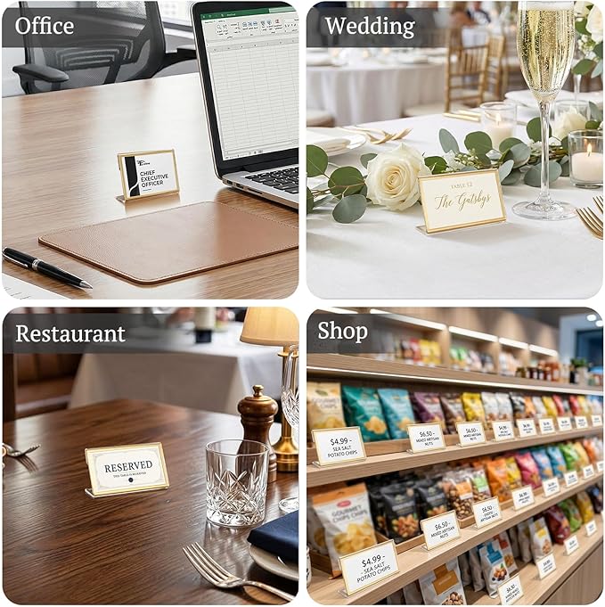EHWINE 60 Pack Gold Acrylic Sign Holders, 3.5 x 2 Inch Slanted L-Shaped Name Tag & Price Label Display Stand for Wedding Table, Boutique, Retail Counter, Trade Show