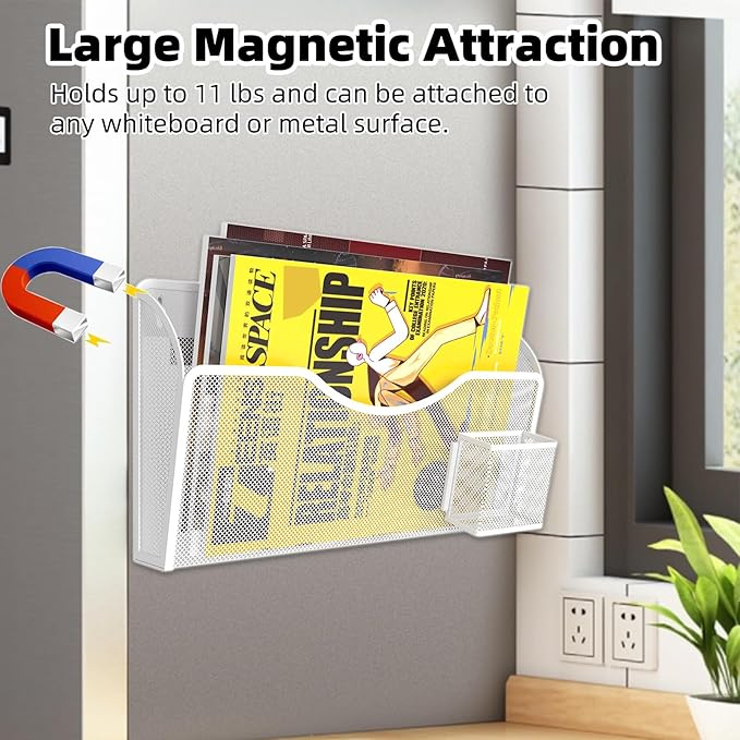 Magnetic File Holder 1 Pockets File Folder Organizer with Pen Holder, Office Hanging Magazine Rack for File Cabinets, Magnetic Paper Holder, No Drilling Mail Organizer for Refrigerator, Office (White)