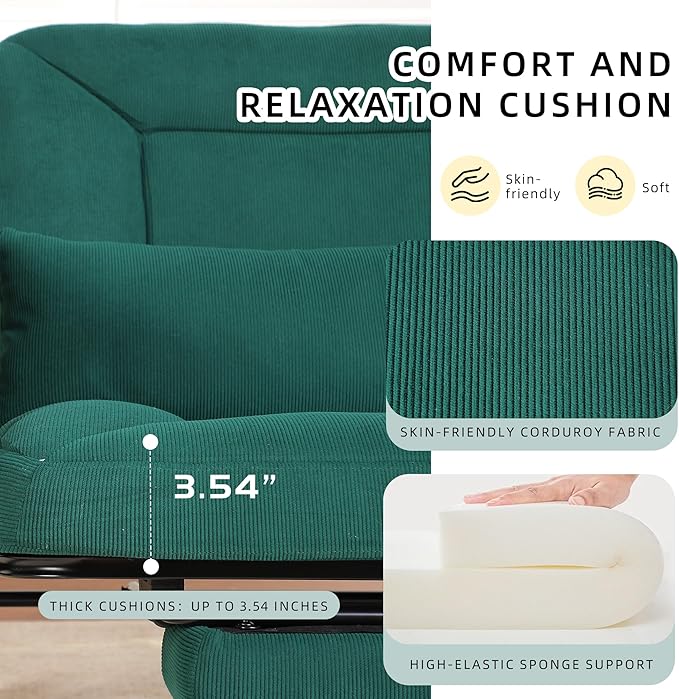 Oversized Reclining Rocking Chair with Foot Rest, 110°–160° Adjustable Backrest, Upholstered Armchair with Side Pocket for Nursery and Living Room, Green