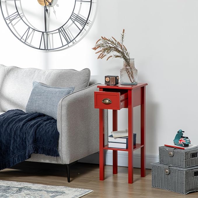 HOMCOM Narrow End Table with Drawer and Bottom Shelf, Slim Side Table for Small Spaces, Skinny Modern Accent Desk for Living Room, Set of 1, Red