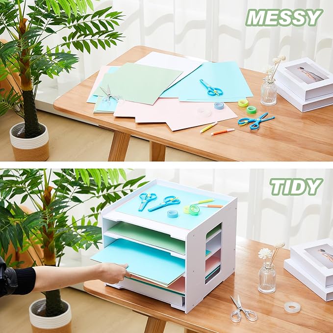 Juexica Scrapbook Paper Organizer 5 Tier File Organizer for Desk 12 x 12 Stackable Paper Trays Holder Desktop File Storage for Home Office Decorations
