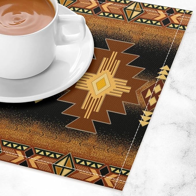 Vintage Aztec Southwest Placemats Ethnic Style Design Boho Geometric Pattern Linen Washable Table Mats Stain Heat-Resistant Desktop Decor Place Mats for Home Kitchen Dining Party 12x18 in 6 Pcs