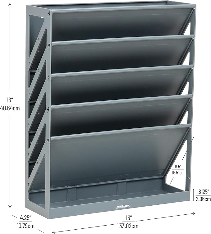 Mind Reader 5-Tier Vertical File Storage, Desktop Organizer, Wall Mount, Office, Plastic, 13"L x 4.25"W x 16"H, Gray