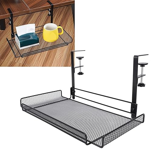 Under Desk Cable Management Tray, 14.4 x 7.9 x 6.9 Inch Large Cpacity Metal Mesh Desk Cable Tray with Clamp Mount No Drill Carbon Steel Desk Cable Organizer for Home Office (Black)