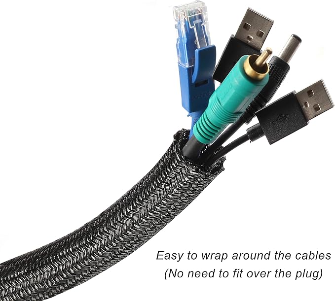 25ft - 3/4 inch Braided Cable Management Sleeve Cord Protector - Self-Wrapping Split Wire Loom for TV/Computer/Home Theater/Engine Bay - Black