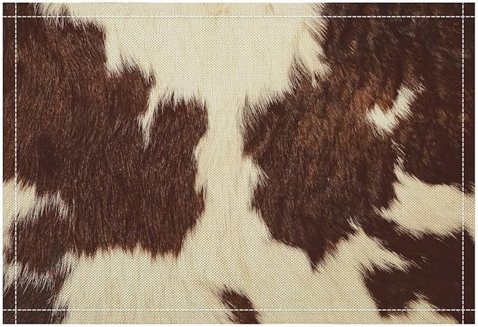 Cow Fur Placemats Farmhouse Western Farm Animal Skin Brow and White Cowhide Print Linen Washable Table Mats Stain Heat-Resistant Desktop Decor Place Mats for Home Kitchen Dining Party 12x18 in 6 Pcs