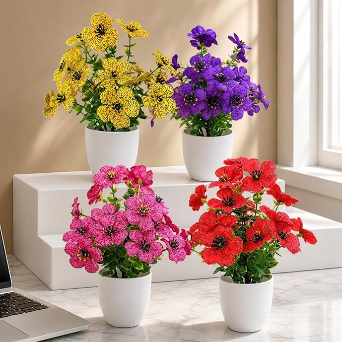 Small Artificial Flowers in Pots, Fake Potted Flowers, Mini Artificial Plants Indoor, Small Fake Flowers with Pot for Spring Decorations for Home, Office Desk, Table & Bathroom Decor