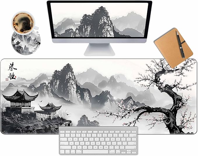 Extended Large Mouse Pad 31.5 x 11.8 Inches Premium Desk Mat Mousepad with Stitched Edges, Waterproof, Non-Slip Rubber Base for Office Home, Includes Coaster–Japanese Cherry Blossom
