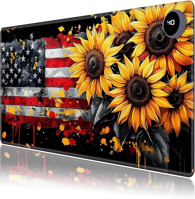 Heated Mouse Pad,Warm Desk Pad with 3 Levels Heating & 3 Hours Auto Shut-Off, PU Leather Heated Desk Pad Warmer Pad for Home Office - 23.6 x 14.2 inch,Sunflower American Flag