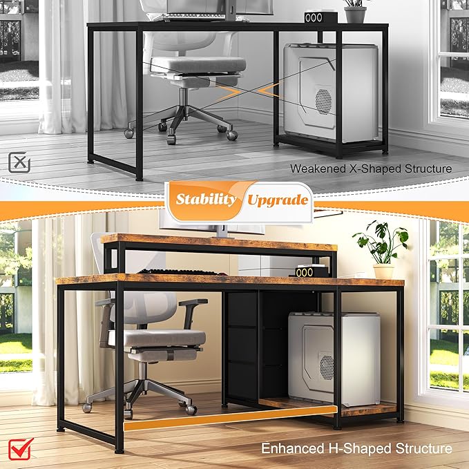 EnHomee 40''L Shaped Desk with 3 Drawers, Computer Desk with Monitor Stand, Small Gaming Desk with Power Outlet, Corner Desk with LED Lights for Gaming, Home Office, Study Room, Rustic Brown