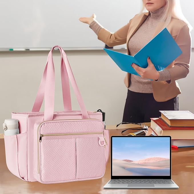 Teacher Tote Bag with Accordion File Organizer Pocket, Large Teacher Work Utility Bag for Women, Pink(Patent Design)