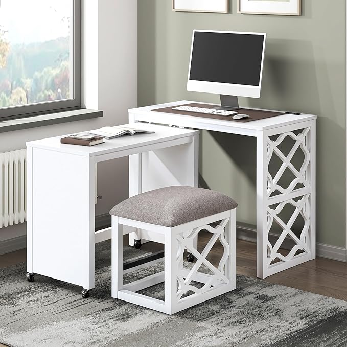 3-Piece Computer Gaming Desk Set with Rolling Desk and Stool, Home Office Corner Desks, Bedroom Craft Study Table, Adjustable Work Standing Desks for Home Office Furniture,White
