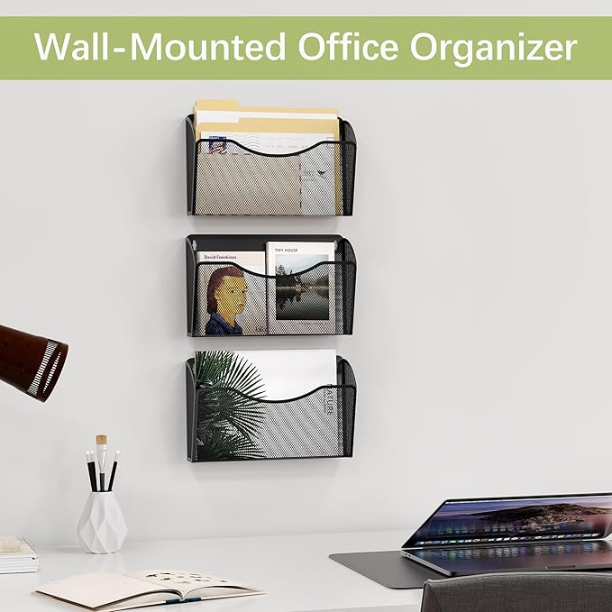 EasyPAG 3 Pack Wall File Organizer, Metal Mesh Hanging File Folder Holder for Letter/A4 Size Folders, Vertical Wall Mount Mail Sorter for Office Paperwork, Classroom, Black