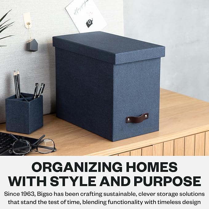 Bigso John Desktop File Box - File Storage Box and Document Organizer for Important Paperwork - Durable Hanging File Box with a Lid and Leather Handle - 7.36 in x 13.26 in x 10.51 in - Blue