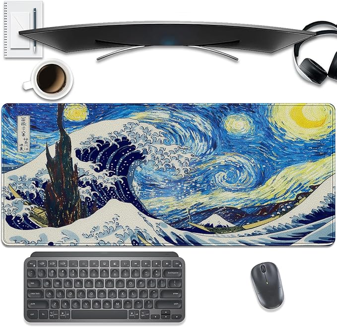 Starry Night & Great Wave Large Mouse Pad, 27.5x11.8in Art Painting Fusion Extended Desk Mat with Stitched Edges, Non-Slip Waterproof Rubber Base for Office, Computer & Laptop
