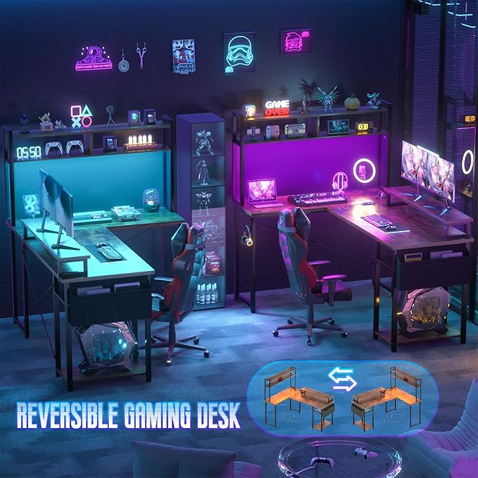 Besiost Small L Shaped Gaming Desk with Power Outlets, 48" Reversible L Shaped LED Computer Desk with Monitor Stand & Storage Shelf, Corner Gamer Desk Home Office Desk with Storage Bag, Rustic Brown