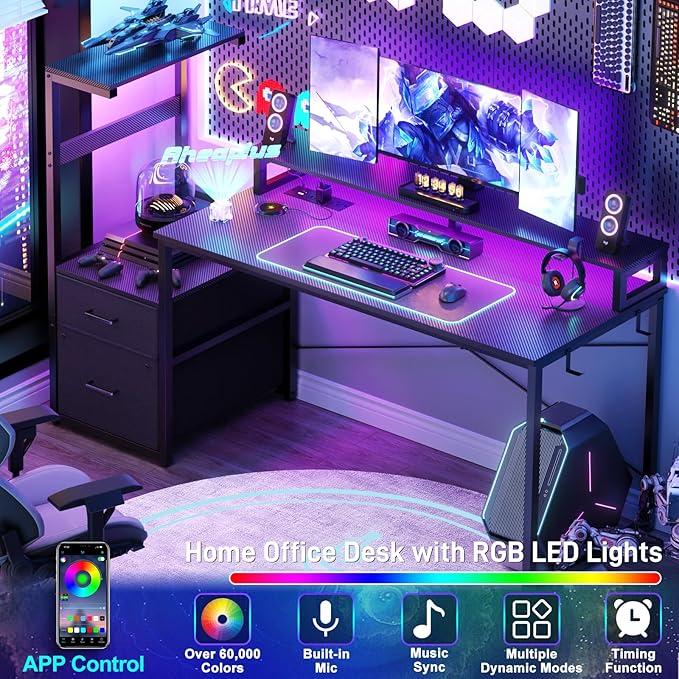 Aheaplus Gaming Desk with LED Strip & Power Outlet, 59Inch Reversible Computer Desk with Monitor Stand & Storage Shelves, Home Office Desks with Fabric File Drawer, PC Gamer Table, Carbon Fiber Black