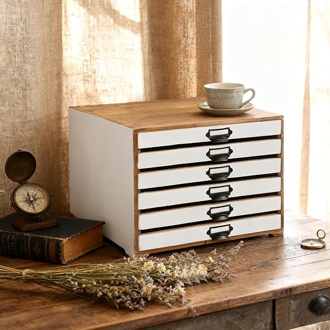 Vintage 6-Drawer Wooden Desktop Organizer Cabinet, Rustic Distressed Wood Card Catalog Cabinet, Antique Storage Box for Jewelry Cosmetics Craft Paper Home Office Decor (White)