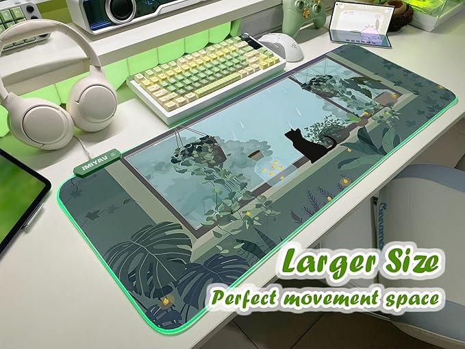 JMIYAV Black Kitten RGB Green Gaming Mouse Pad 31.5x12 Inch PC XL Large Glowing Led Light Up Desk Pad Non-Slip Rubber Base Computer Cute Mousepad Mat Desk Accessories Gaming Setup 31.5x12 Inch