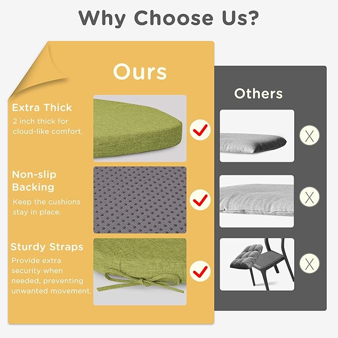 Windsor Chair Cushions for Dining Chairs 4 Pack Non Slip Kitchen Seat Cushion with Ties and Washable Covers Indoor Comfortable Seat Pad with Thick Foam 16.5" x 15.5" x 2" Green