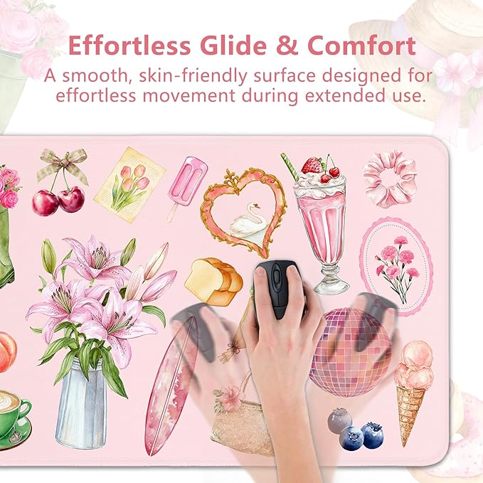 Pink Floral Mouse Pad Large 35.4×15.7 Aesthetic Cute Desk Mat for Women Girls, Non-Slip Water-Resistant Keyboard Pad for Home Office Gaming