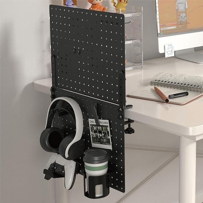 HUHOLE Clamp On Desk Pegboard 32" x 12" (Complete Kit)-No Drill Metal Desktop Privacy Panel & Organizer with Accessories-Vertical Storage Divider for Home Office, Gaming Setup-Black