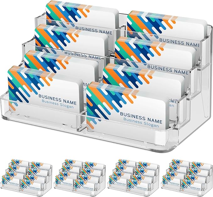MaxGear 4 Pack Acrylic Business Card Holder for Desk, Clear Desktop Business Card Display Stand with 8 Pockets, 4-Tier Freestanding Card Organizer for Office, Reception, Countertop