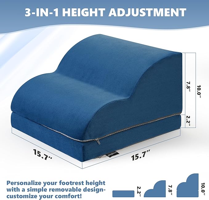 Foot Rest Under Desk for Office, Ergonomic Adjustable Footrest with Washable Cover, Soft Desk Foot Stool for Home Office, Work, Gaming, Long Sitting, Blue