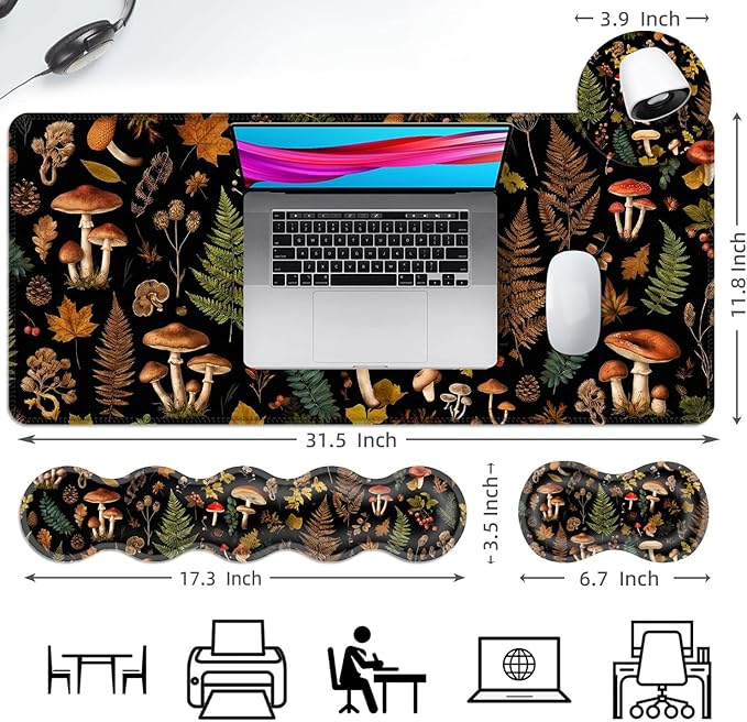Ergonomic Mouse Pad Set with Wrist Support for Keyboard and Wrist Rest for Mouse, Memory Foam Comfort, Non-Slip Large Desk Mat for Home Office Pain Relief,Vintage Mushrooms Forest