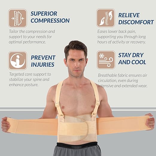 NeoTech Care Back Brace with Suspenders for Work - Industrial Lifting Safety, Elastic Compression, Hook & Loop Closure (Beige, Size XXL)