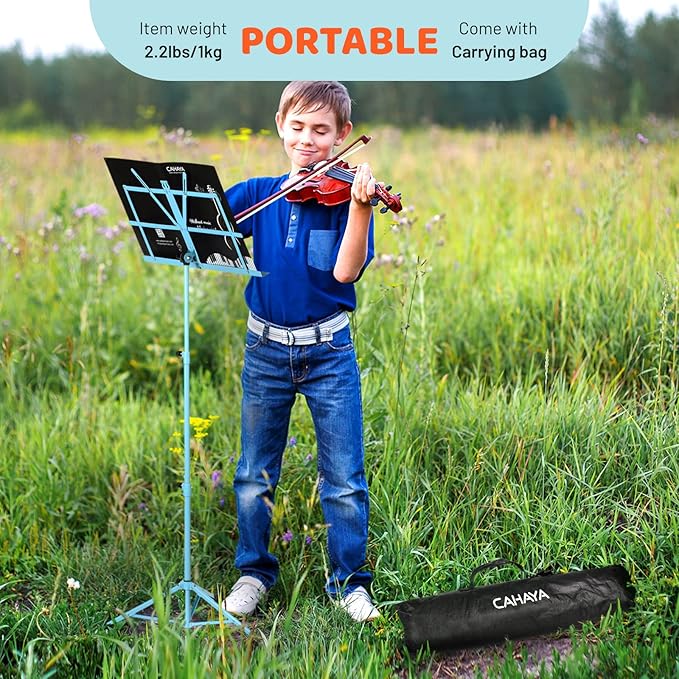 CAHAYA Portable Sheet Music Stand: Dual Use Desktop Book Holder Folding Lightweight Extra Stable Reinforced with Carrying Bag and Clip for Students Musicians Height Adjustable up to 54.3" CMS0204BL
