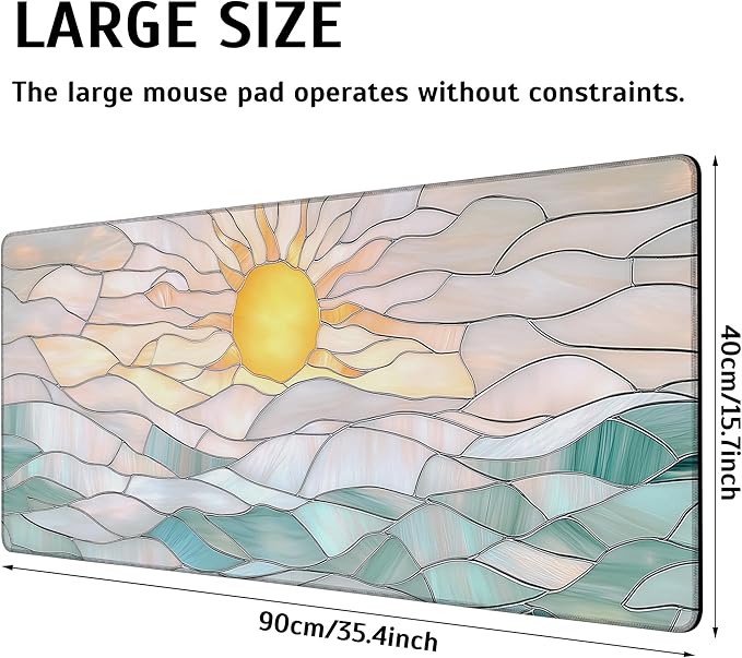 Abstract Serene Ocean Sunrise Mouse Pad,35.4 x 15.7 Inch Large Mouse Mat Non-Slip Rubber Stitched Edges for Writing Desk,Office,Home,Laptop