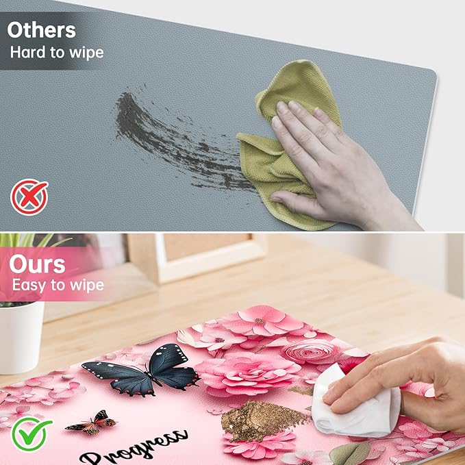 PU Leather Desk Mat Blotter,Cute Pink Desk Mat for Office, Home,School,Keyboard,Mouse,15.7"x31.5" Large Non-Slip Writing Mat with Travel Storage Strap, Waterproof Easy to Clean (Pink Butterfly)