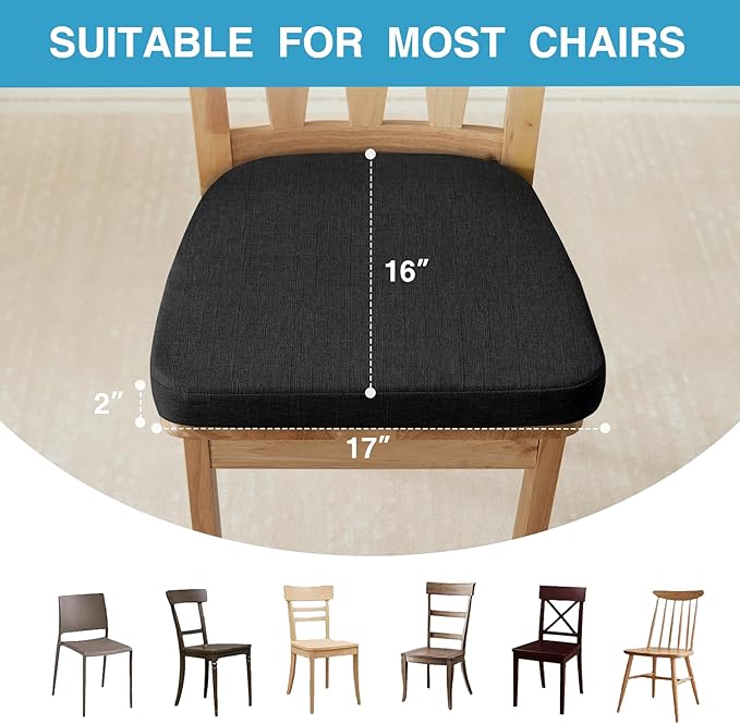 IASEAHK Chair Cushions for Dining Chairs Set of 4, Non Slip Kitchen Chair Pads, 17" x 16" x 2", Indoor Dining Chair Cushions with Ties, D-Shaped Seat Cushions for Kitchen Chairs, Black