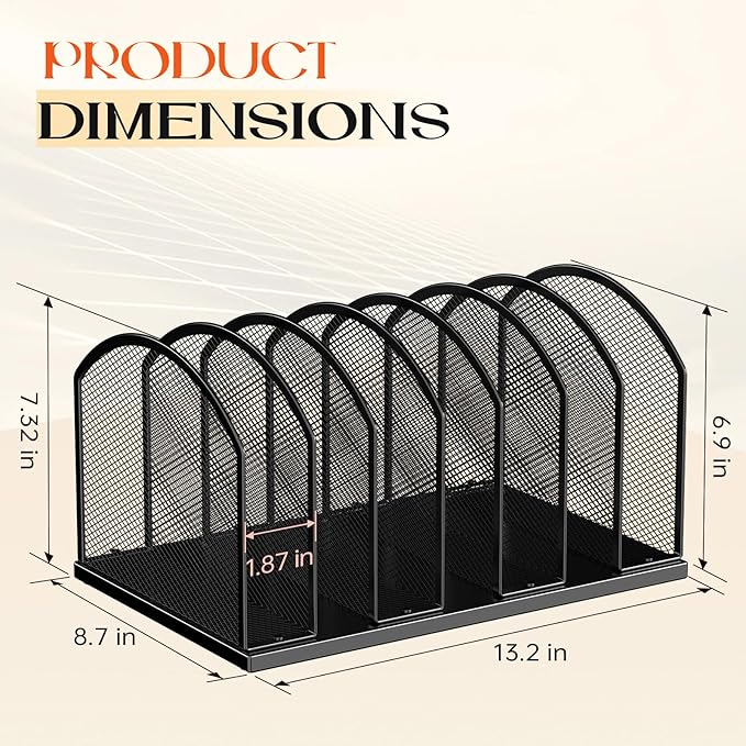 Gawerk 7-Section Metal Upright File Sorter Organizer, Office Small Letter Sorter Desktop File Organizer Metal Mesh Iron Sole, Black