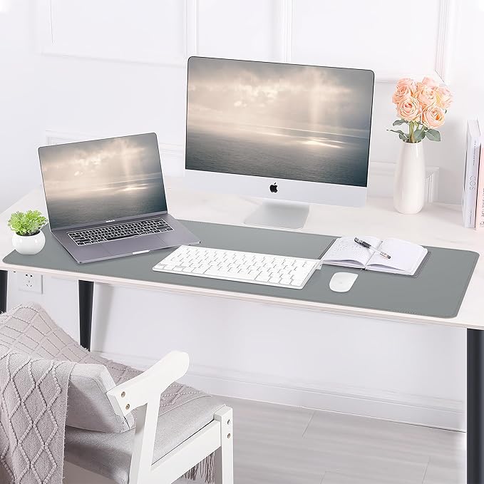 AFIING Cork Desk Mat 47" x 17", Dual-Sided Natural Cork & PU Leather Desk Pad, Non-Slip Waterproof Large Mouse Pad for Office, Home & Gaming (Light Grey)