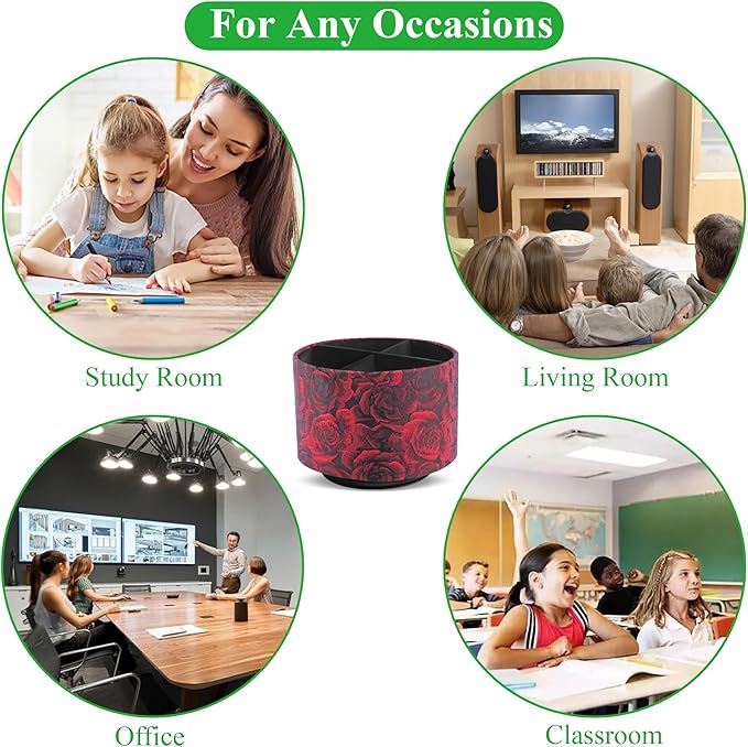 Round Leather Art Supply Organizer,Remote Control Holder,360 Degree Rotating,Multi-Functional Pencil Holder,4 Compartments Desktop Stationary Organizer(1-3D Rose Red)