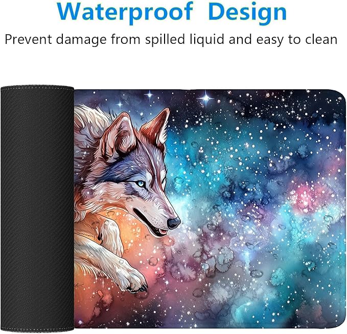 Wolf Mouse Pad Dream Colorful Galaxy Husky Starry Sky Large Gaming Mouse Mat with Stitched Edges,Non-Slip Waterproof Rubber Base Mous Mat Office Computer Keyboard Laptop Home 31.5x11.8 Inch