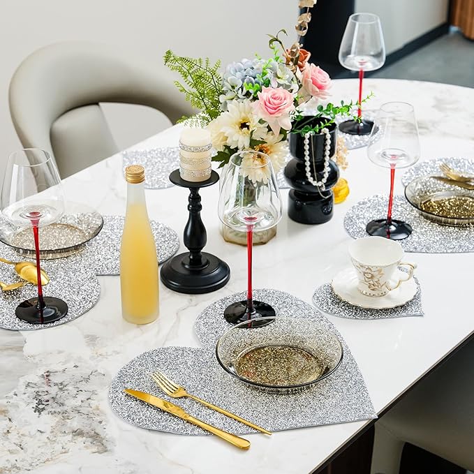Glitter Heart Placemats Set of 4, Silver Heart Rhinestones 15 Inches Table Mat Decoration Placemat for Centerpiece Dining Table Valentines Day Family Frineds Birthday Gifts