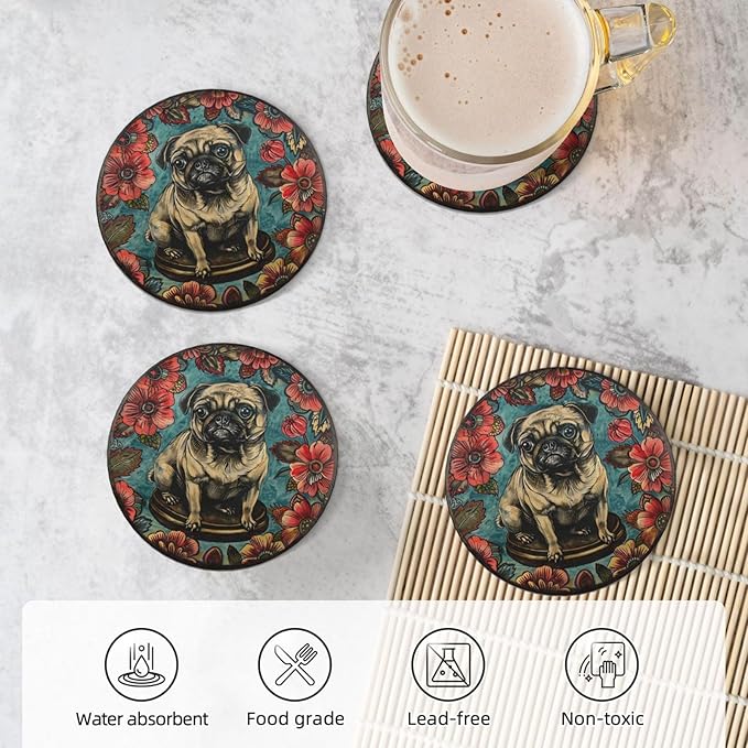 Pug Ceramic Drink Coasters Absorbent Set of 4 with Cork Bottom Bar Table Cupholder Coasters for Dog Mom Dad Lover Bedroom Patio Dining Glass Wooden Coffee Table Kitchen Office Desk