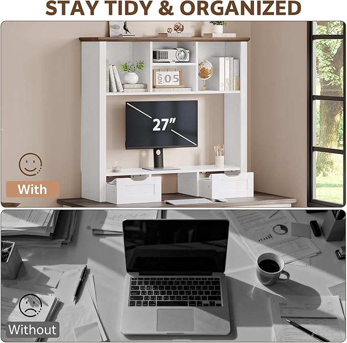Desk Shelf with Computer Monitor Stand, 37.4''W Desktop Bookshelf Display Rack, Desktop Organizer Storage Rack with Cubbies & Drawers, 5-Tier Hutch for Home, Office, Dorm, Vanity, White&Brown