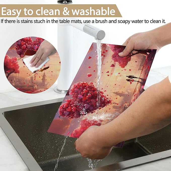 Linen Placemats Set of 6, Red Love Haert Washable Table Mats 12x18 Inch, Heat Resistant Non Slip Placemats for Dining Table Kitchen Everyday Use